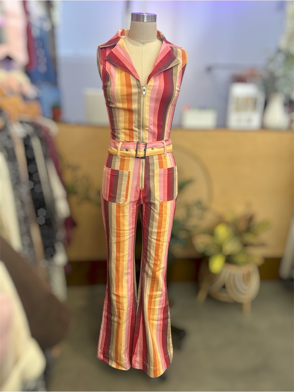 🌈 Retro 70s Vibes Striped Flare Jumpsuit – Sunset Multi-Color Boho Chic! - Picture 8 of 9